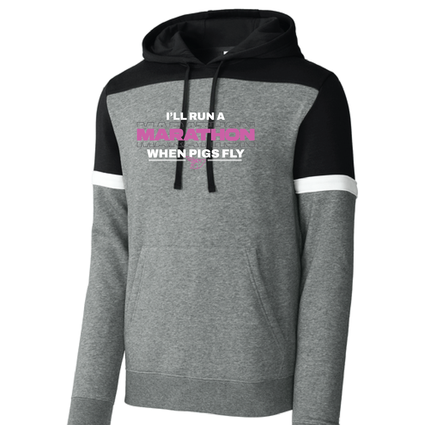 *New* FPM '26 Unisex 'When Pigs Fly' Colorblock Fleece Hoodie - Blk/Grey (Pink Imprint)