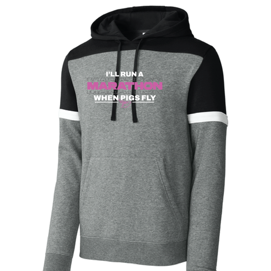 *New* FPM '26 Unisex 'When Pigs Fly' Colorblock Fleece Hoodie - Blk/Grey (Pink Imprint)