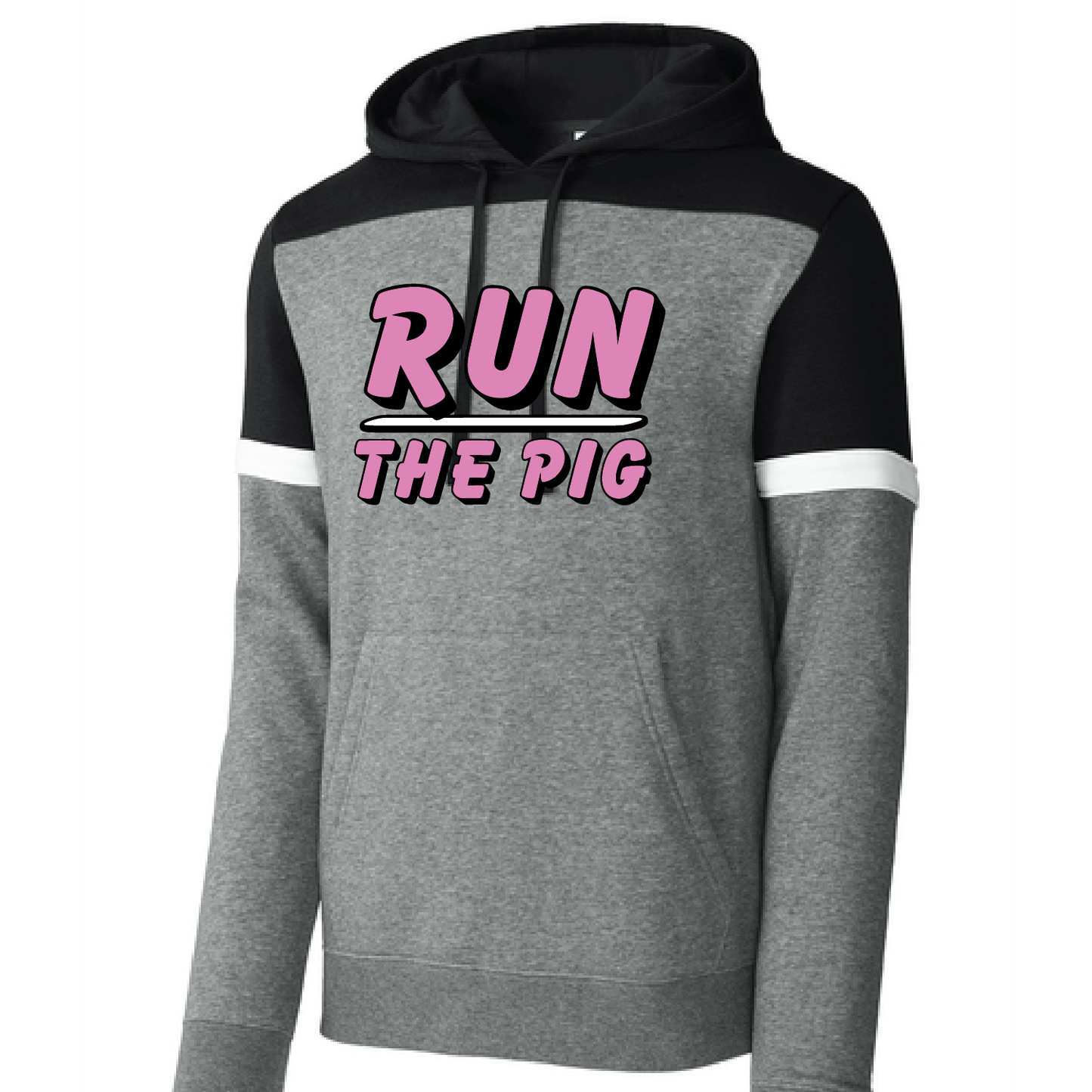 *New* FPM '26 Unisex 'Run The Pig' Colorblock Fleece Hoodie - Blk/Grey